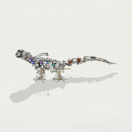 Full view of a steampunk mechanical lizard metal model with iridescent scales, a detailed 3D puzzle for mechanical steampunk collectors.