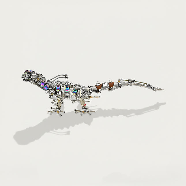  Full view of a steampunk mechanical lizard metal model with iridescent scales, a detailed 3D puzzle for mechanical steampunk collectors.