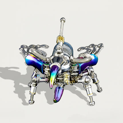 "Mechanical Dazzling Armor" beetle mech metal model with iridescent fangs and antenna, a captivating 3D puzzle for steampunk and mechanical enthusiasts.