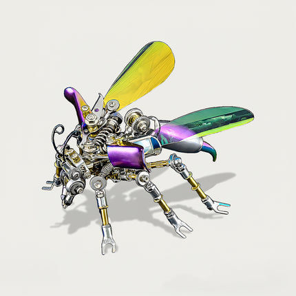 Mechanical Hornet" metal model with vibrant iridescent wings and detailed construction, a colorful 3D puzzle for mechanical steampunk enthusiasts.