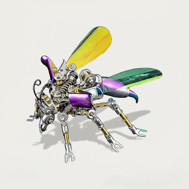 Mechanical Hornet" metal model with vibrant iridescent wings and detailed construction, a colorful 3D puzzle for mechanical steampunk enthusiasts.