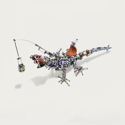 Steampunk mechanical lizard metal model with fishing rod and bait on a white background, a creative 3D puzzle for mechanical steampunk enthusiasts.