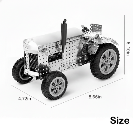 A classic-style metal model tractor with a black exhaust pipe, displaying dimensions: length 8.66 in, width 4.72 in, height 6.10 in. This DIY 3D puzzle is a charming piece from our Metal Kits, perfect for a nostalgic and funny table display. Assemble this iconic metal model