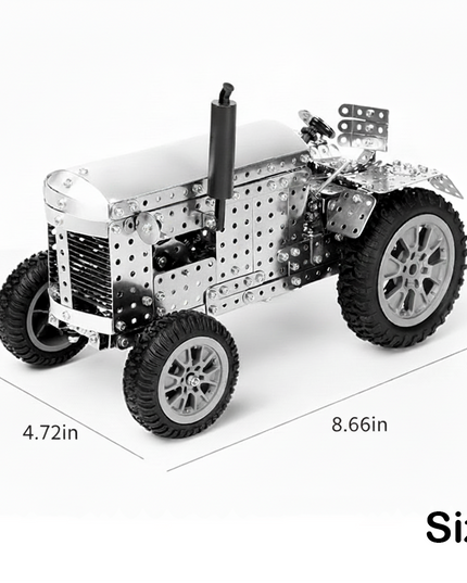 A classic-style metal model tractor with a black exhaust pipe, displaying dimensions: length 8.66 in, width 4.72 in, height 6.10 in. This DIY 3D puzzle is a charming piece from our Metal Kits, perfect for a nostalgic and funny table display. Assemble this iconic metal model