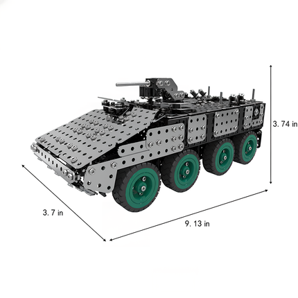 Product parameter image of an armored vehicle 3D puzzle metal model showing 9.13-inch length, 3.7-inch width, and 3.74-inch height. DIY Metal Kit with eight-wheel design and detailed structure