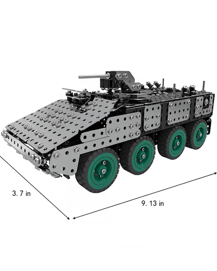 Product parameter image of an armored vehicle 3D puzzle metal model showing 9.13-inch length, 3.7-inch width, and 3.74-inch height. DIY Metal Kit with eight-wheel design and detailed structure
