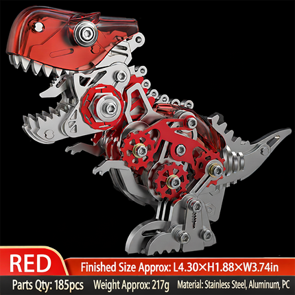 A vibrant red and silver T-Rex 3D puzzle metal model, a complete DIY metal kit, showcasing its finished size (L4.30xH1.88xW3.74in), 185 parts, 217g weight, and materials (Stainless Steel, Aluminum, PC). This metal model is a captivating and funny table display.