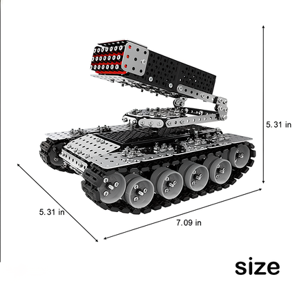 Hand-assembled tracked rocket launcher model, finished dimensions: 7.09 in long, 5.31 in wide, 5.31 in high, featuring a movable turret and simulated tracks