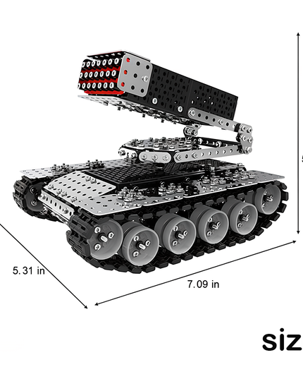 Hand-assembled tracked rocket launcher model, finished dimensions: 7.09 in long, 5.31 in wide, 5.31 in high, featuring a movable turret and simulated tracks