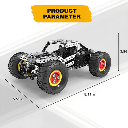 Precision Metal Kits off-road truck model on white background, showcasing its 8.11 in × 5.51 in × 3.54 in dimensions—perfect for metal model collectors and hobbyists