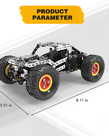 Precision Metal Kits off-road truck model on white background, showcasing its 8.11 in × 5.51 in × 3.54 in dimensions—perfect for metal model collectors and hobbyists