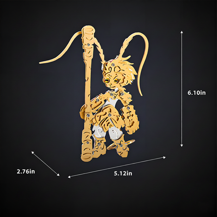 3D Metal Sun Wukong Puzzle Model, a DIY model kit featuring the legendary Monkey King wielding his golden staff. This articulated figure measures 6.10 inches tall x 5.12 inches wide x 2.76 inches deep.