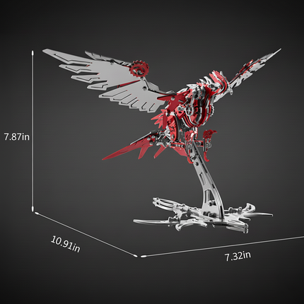 Eye-catching Red and Silver DIY 3D Puzzle Metal Kit The Falcon metal model measures 10.91 inches in length, 7.87 inches in height, and 7.32 inches in width. This vibrant metal model is perfectly sized for an eye-catching, fun tabletop display or as a significant collector's piece