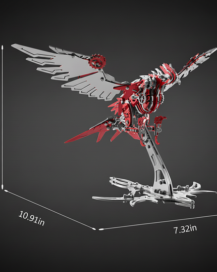 Eye-catching Red and Silver DIY 3D Puzzle Metal Kit The Falcon metal model measures 10.91 inches in length, 7.87 inches in height, and 7.32 inches in width. This vibrant metal model is perfectly sized for an eye-catching, fun tabletop display or as a significant collector's piece