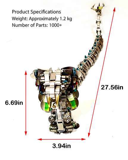 Mechanical Elephant 3D Puzzle Metal Kit - A challenging fun toy for mechanics and design enthusiasts, this DIY-assembled piece features a mechanical elephant with dimensions of 27.56in (length) × 3.94in (width) × 6.69in (height), weighing approximately 1.2 kg and consisting of over 1000 parts. It showcases intricate metallic structures, gear details, and a lengthy, articulated trunk, challenging you to craft a large-scale piece of mechanical artistry with precision.