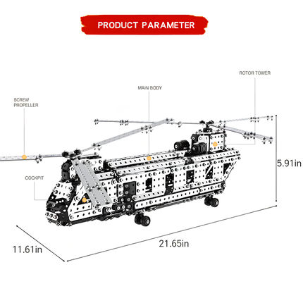  Product parameter and labeled components of a metal Chinook helicopter model, with dimensions 21.65in x 11.61in x 5.91in. This detailed DIY 3D puzzle is an excellent example of our Metal Kits, creating an impressive "funny table" display and a unique "table funny" metal mode