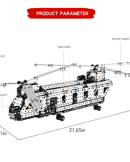  Product parameter and labeled components of a metal Chinook helicopter model, with dimensions 21.65in x 11.61in x 5.91in. This detailed DIY 3D puzzle is an excellent example of our Metal Kits, creating an impressive "funny table" display and a unique "table funny" metal mode