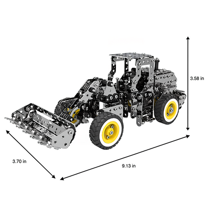 A side view of a metal front-end loader model with precise dimensions. This DIY 3D puzzle offers hours of fun, perfect for creating a funny table centerpiece. Get your Metal Kits and build your own metal model