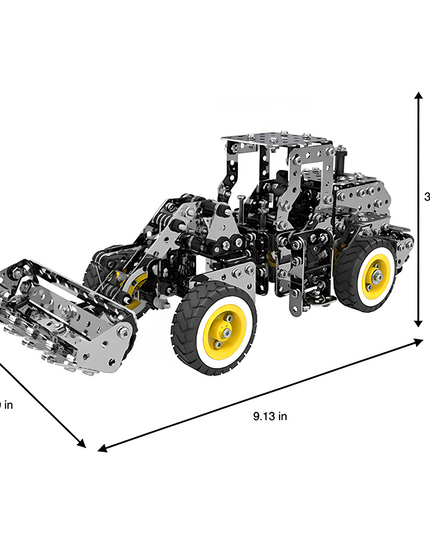 A side view of a metal front-end loader model with precise dimensions. This DIY 3D puzzle offers hours of fun, perfect for creating a funny table centerpiece. Get your Metal Kits and build your own metal model