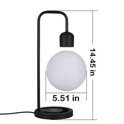 Modern levitating bulb lamp with wireless charging base, a futuristic and elegant light source for any funny table, bedside, or office. Overall height 14.45 inches, bulb diameter 5.51 inches.