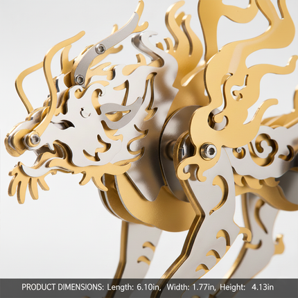Tablefunny Gold and Silver Chinese Dragon 3D Metal Assembly Model Kit, a meticulously crafted puzzle featuring intricate design details. Dimensions: 6.10 inches long, 1.77 inches wide, 4.13 inches high