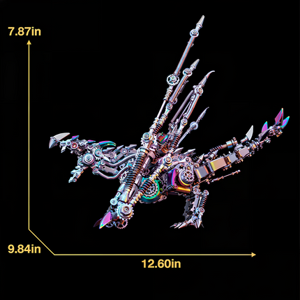 Product parameter image displaying the dimensions (12.60in length, 7.87in height, 9.84in width) of the metallic winged dragon model. This impressive metal model is a fantastic DIY build, perfect for collectors of 3D puzzle metal kits looking for a unique and funny table centerpiece.