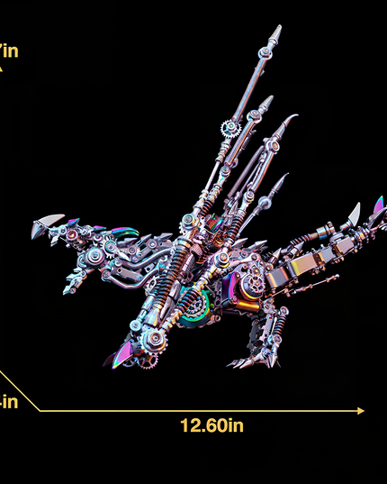 Product parameter image displaying the dimensions (12.60in length, 7.87in height, 9.84in width) of the metallic winged dragon model. This impressive metal model is a fantastic DIY build, perfect for collectors of 3D puzzle metal kits looking for a unique and funny table centerpiece.
