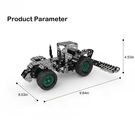 A metal model of a cultivator with green wheels, displaying dimensions: length 9.84 in, width 8.03 in, height 4.53 in. This DIY 3D puzzle is an excellent Metal Kit for enthusiasts looking for a funny table project. Build your own metal model today