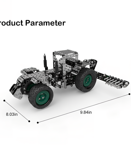 A metal model of a cultivator with green wheels, displaying dimensions: length 9.84 in, width 8.03 in, height 4.53 in. This DIY 3D puzzle is an excellent Metal Kit for enthusiasts looking for a funny table project. Build your own metal model today