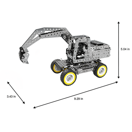 A detailed metal model of an excavator with dimensions shown. This DIY 3D puzzle kit offers a funny table activity for hobbyists. Explore our Metal Kits for an engaging building experience