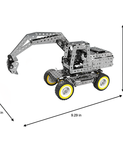 A detailed metal model of an excavator with dimensions shown. This DIY 3D puzzle kit offers a funny table activity for hobbyists. Explore our Metal Kits for an engaging building experience