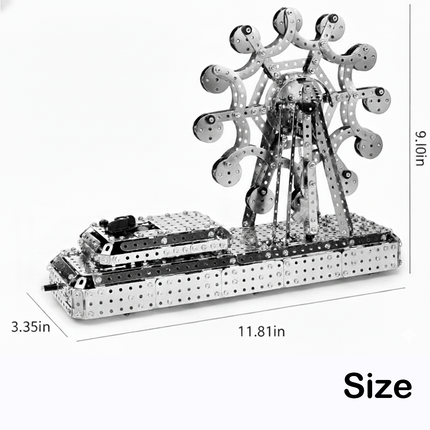 Interactive metal model Ferris wheel from Metal Kits with rotating cabins and sturdy base—an engaging build perfect for a funny table display at 11.81 in by 3.35 in by 9.10 in
