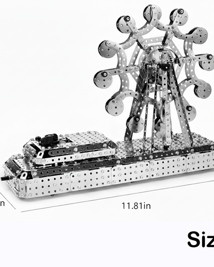 Interactive metal model Ferris wheel from Metal Kits with rotating cabins and sturdy base—an engaging build perfect for a funny table display at 11.81 in by 3.35 in by 9.10 in