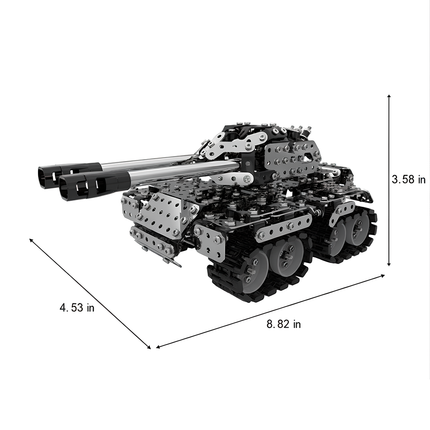 Eye-catching metal model twin-barrel tank from DIY Metal Kits, sized 8.82 in × 4.53 in × 3.58 in, perfect for a funny table display with its rotating turret and moving tracks