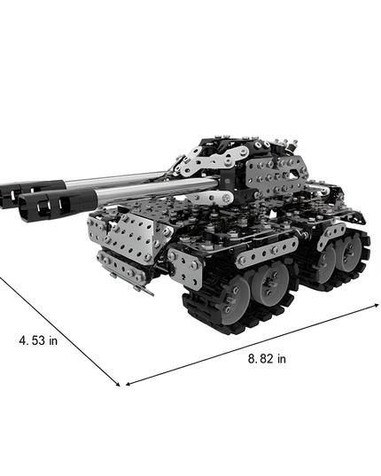 Eye-catching metal model twin-barrel tank from DIY Metal Kits, sized 8.82 in × 4.53 in × 3.58 in, perfect for a funny table display with its rotating turret and moving tracks