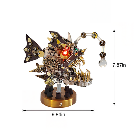 Completed steampunk anglerfish metal model with glowing features, measuring 9.84in x 7.87in. This unique DIY 3D puzzle from our Metal Kits is a perfect "funny table" centerpiece, a truly "table funny" and illuminating metal model