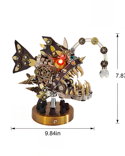 Completed steampunk anglerfish metal model with glowing features, measuring 9.84in x 7.87in. This unique DIY 3D puzzle from our Metal Kits is a perfect "funny table" centerpiece, a truly "table funny" and illuminating metal model