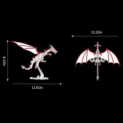 Dimensions for a striking DIY 3D puzzle Metal Kits dragon metal model, showing a side profile with a length of 11.61in and height of 8.13in, and a top-down view with a wingspan of 11.22in. This dynamic metal model is perfectly sized for a funny table centerpiece or a detailed collector's item