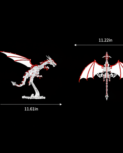 Dimensions for a striking DIY 3D puzzle Metal Kits dragon metal model, showing a side profile with a length of 11.61in and height of 8.13in, and a top-down view with a wingspan of 11.22in. This dynamic metal model is perfectly sized for a funny table centerpiece or a detailed collector's item