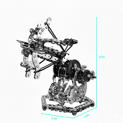 Dimensions of the DIY metal model crossbow, indicating a finished size of 8.3in length, 5.3in width, and 6.5in height. This 3D puzzle Metal Kits is a unique and engaging metal model for any funny table