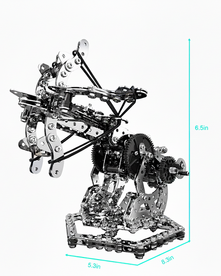Dimensions of the DIY metal model crossbow, indicating a finished size of 8.3in length, 5.3in width, and 6.5in height. This 3D puzzle Metal Kits is a unique and engaging metal model for any funny table