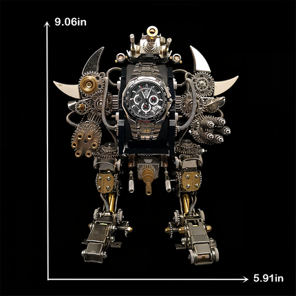 Front view of a steampunk robot metal model measuring 9.06 inches tall and 5.91 inches wide, assembled from gears and watch components. This handmade DIY 3D metal assembly kit from tablefunny is the perfect choice for creative desktop decoration