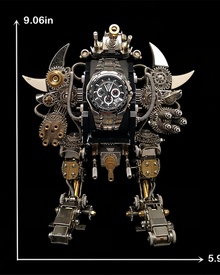 Front view of a steampunk robot metal model measuring 9.06 inches tall and 5.91 inches wide, assembled from gears and watch components. This handmade DIY 3D metal assembly kit from tablefunny is the perfect choice for creative desktop decoration