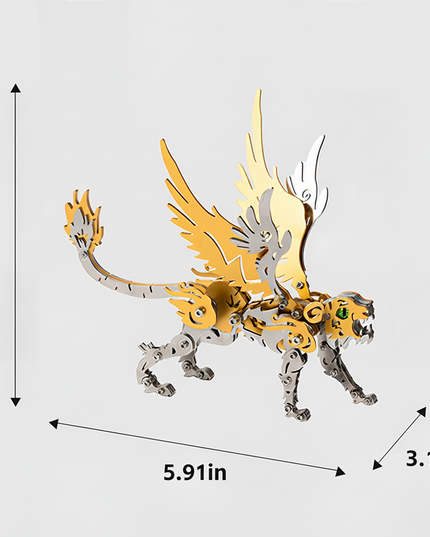 Dimensions of the Gold and Silver White Tiger 3D Puzzle: 4.72 inches tall, 5.91 inches long, 3.15 inches wide. This DIY metal model kit is perfectly sized for any fun desktop display
