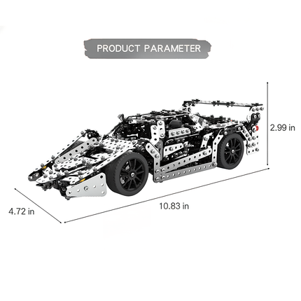 Product parameter view of a finished metal race car model, measuring 10.83in x 4.72in x 2.99in. This sleek DIY 3D puzzle is part of our Metal Kits, creating a dynamic "funny table" display and a great metal model for car enthusiasts
