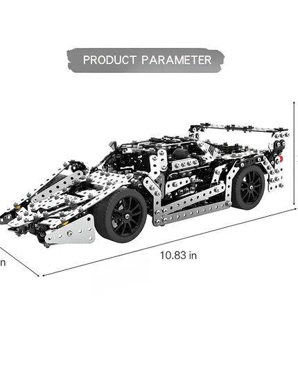 Product parameter view of a finished metal race car model, measuring 10.83in x 4.72in x 2.99in. This sleek DIY 3D puzzle is part of our Metal Kits, creating a dynamic "funny table" display and a great metal model for car enthusiasts