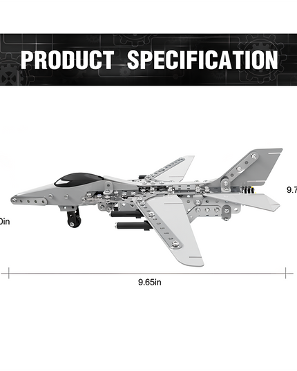 Product specification for a metal jet fighter model, with dimensions 9.65in x 2.80in x 9.72in. This accurate DIY 3D puzzle from our Metal Kits is a perfect "funny table" display piece, a truly "table funny" and educational metal model
