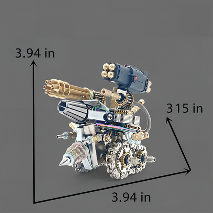 Tablefunny mechanical weapon metal assembly model, featuring a Gatling gun, missile launcher, and drill. Dimensions: 3.94in height, 3.94in length, and 3.15in width. A unique tablefunny desktop display for sci-fi enthusiasts