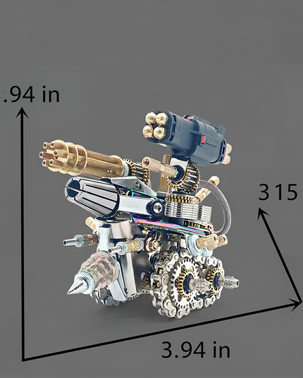 Tablefunny mechanical weapon metal assembly model, featuring a Gatling gun, missile launcher, and drill. Dimensions: 3.94in height, 3.94in length, and 3.15in width. A unique tablefunny desktop display for sci-fi enthusiasts