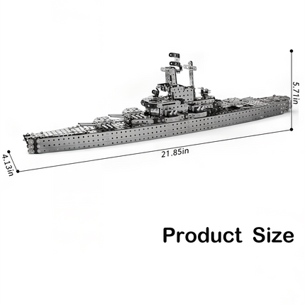Product size dimensions for a DIY 3D puzzle Metal Kits battleship metal model, showing its impressive length of 21.85in, height of 5.71in, and width of 4.13in. This large metal model makes an excellent funny table centerpiece or a substantial display piece